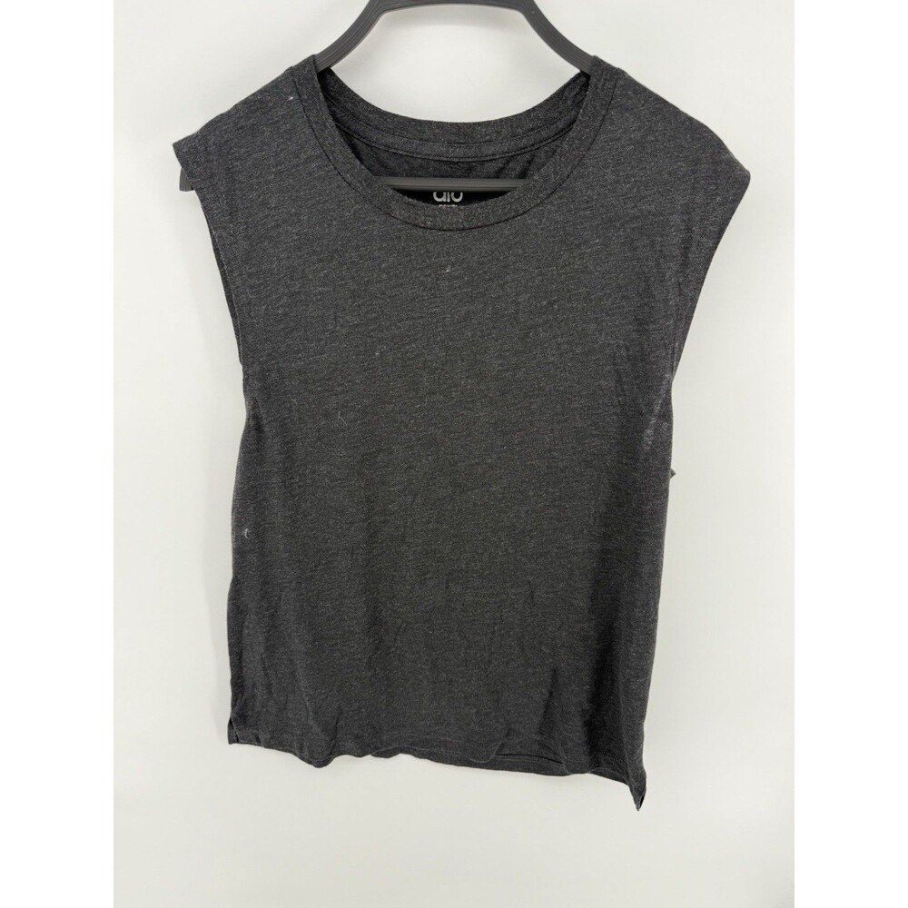 Alo Women Basic Sleeveless Crew Neck Gray Cotton Blend T-Shirt Size M